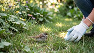 Un petit oiseau aux plumes légèrement ébouriffées repose sur l’herbe d’un jardin naturel, tandis qu’une femme gantée l’observe à distance dans une lumière douce.