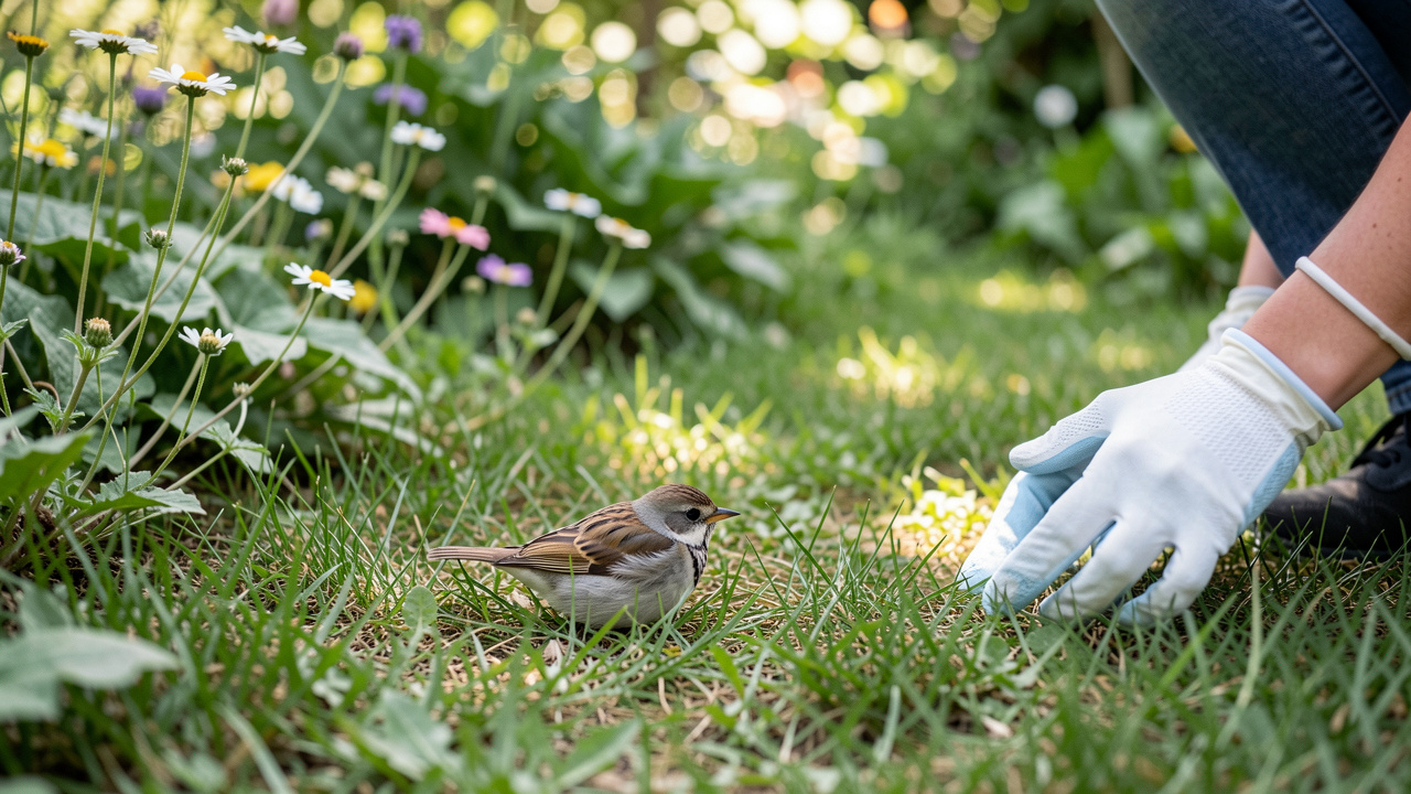 Un petit oiseau aux plumes légèrement ébouriffées repose sur l’herbe d’un jardin naturel, tandis qu’une femme gantée l’observe à distance dans une lumière douce.