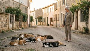 Une colonie de chats libres se repose et se déplace dans un quartier calme de Montauban, tandis qu’une bénévole les observe à distance avec bienveillance.