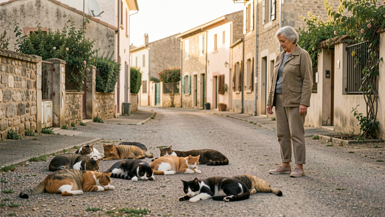 Une colonie de chats libres se repose et se déplace dans un quartier calme de Montauban, tandis qu’une bénévole les observe à distance avec bienveillance.