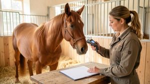 Un cheval alezan au licol se tient dans une écurie lumineuse pendant qu’une femme vérifie calmement son identification avec un lecteur de puce et prépare un dossier administratif vierge.