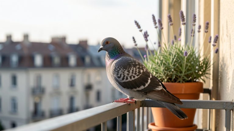 Pigeon gris posé sur la rambarde d’un balcon ensoleillé, entouré de plantes en pot avec des toits urbains en arrière-plan.