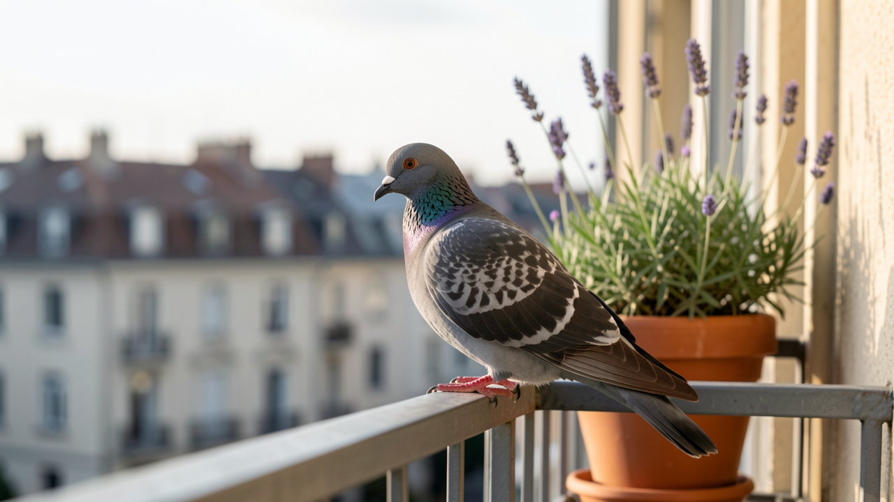 Pigeon gris posé sur la rambarde d’un balcon ensoleillé, entouré de plantes en pot avec des toits urbains en arrière-plan.