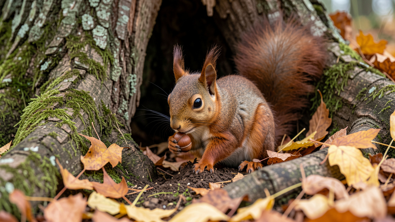 Un écureuil roux tient une noisette tout en creusant une petite cache au pied d’un vieux chêne dans une forêt d’automne, baignée d’une lumière douce.