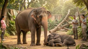 Une éléphante enceinte auprès de son nouveau-né dans un habitat naturel reconstitué au zoo, sous l’observation attentive de soigneurs.