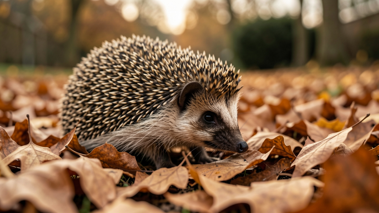 Hérisson d’Europe explorant doucement un jardin automnal au milieu de feuilles sèches, dans une lumière chaude et douce.