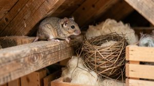 Un petit loir au pelage gris-brun observe calmement un nid installé sur une poutre en bois dans un grenier chaleureux.