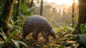 Un pangolin aux écailles détaillées avance dans une forêt tropicale luxuriante, avec une zone boisée fragmentée en arrière-plan.