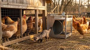 Piège-cage sans danger installé près d’un poulailler rustique, avec une belette qui s’en approche tandis que les poules restent protégées derrière un grillage.