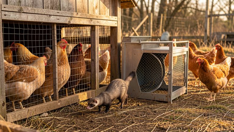 Piège-cage sans danger installé près d’un poulailler rustique, avec une belette qui s’en approche tandis que les poules restent protégées derrière un grillage.