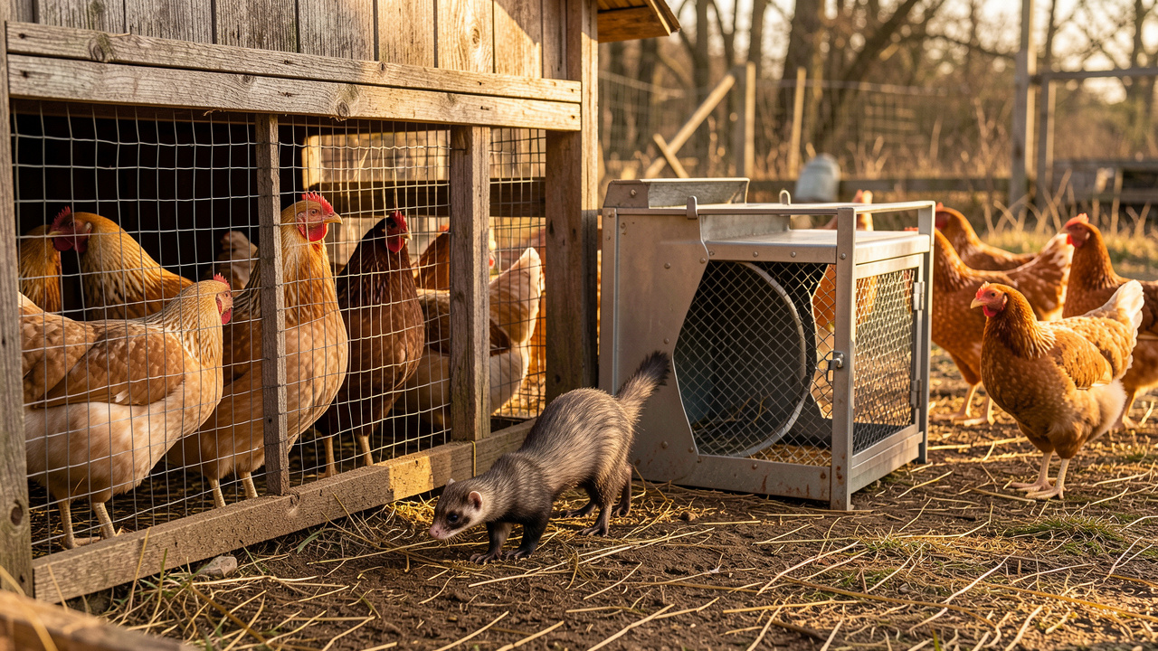 Piège-cage sans danger installé près d’un poulailler rustique, avec une belette qui s’en approche tandis que les poules restent protégées derrière un grillage.