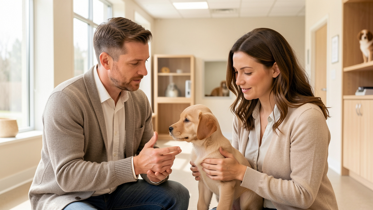 Un homme échange calmement avec une éleveuse près d’un chiot dans un salon animalier lumineux et respectueux du bien-être animal.