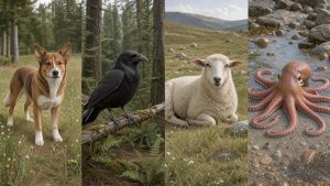 Illustration scientifique douce représentant un chien, un corbeau, un mouton et un poulpe dans des environnements naturels respectueux, avec un style éditorial réaliste.