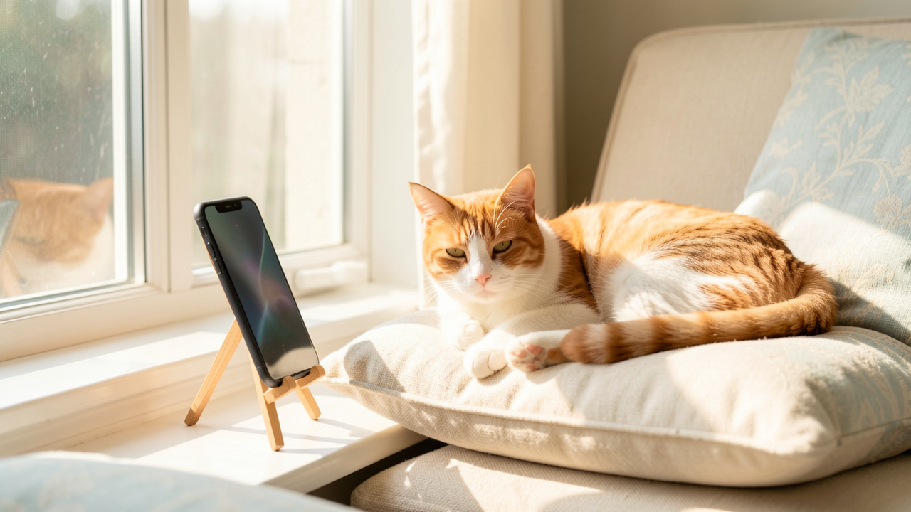 Chat domestique détendu installé sur un coussin près d’une fenêtre lumineuse, avec un smartphone posé à distance sur un petit trépied dans un intérieur calme.