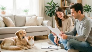 Un chien et un chat calmes dans un salon lumineux, tandis qu’une femme et un homme discutent avec bienveillance autour de documents d’adoption vierges.