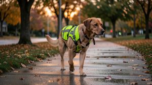 Chien de taille moyenne portant un gilet réfléchissant et un harnais, marchant sur un trottoir humide au crépuscule parmi les couleurs de l’automne.