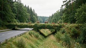 Paysage naturel européen traversé par une route, avec un écopont végétalisé reliant deux zones boisées où passent des cerfs et des renards sous une lumière douce.