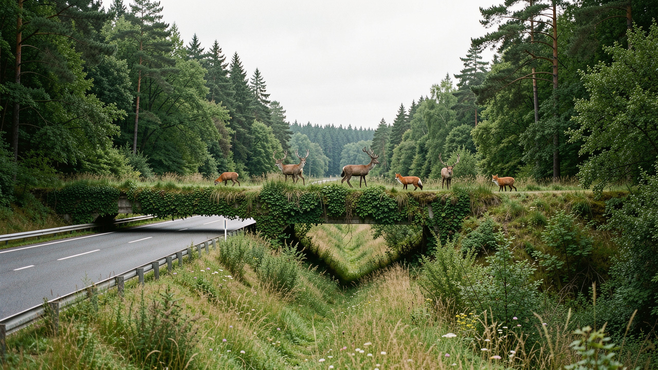 Paysage naturel européen traversé par une route, avec un écopont végétalisé reliant deux zones boisées où passent des cerfs et des renards sous une lumière douce.