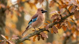 Geai des chênes au plumage brun rosé perché sur une branche chargée de glands dans une forêt française en automne.