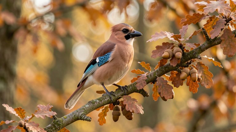 Geai des chênes au plumage brun rosé perché sur une branche chargée de glands dans une forêt française en automne.