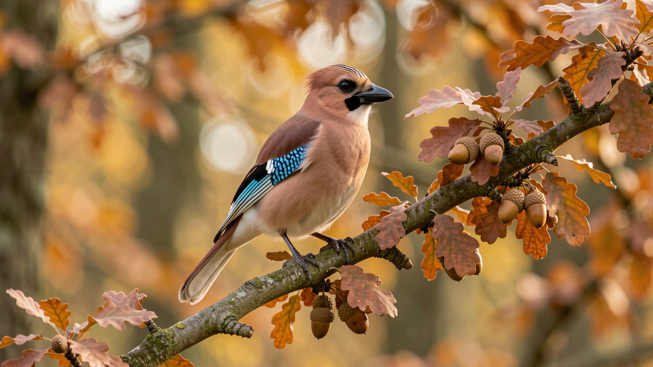 Geai des chênes au plumage brun rosé perché sur une branche chargée de glands dans une forêt française en automne.
